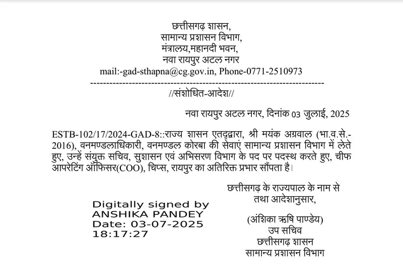 सीजी ट्रांसफर-आईएफएस मयंक अग्रवाल को अतिरिक्त लाभ…